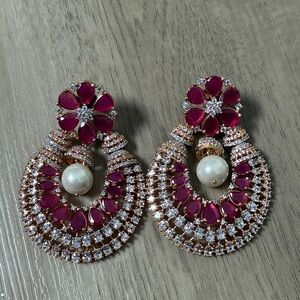 Rose Gold & Pink Crystal Statement Earrings – Pearl Drop Accent